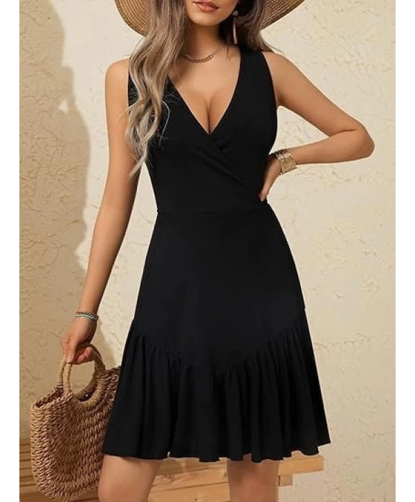 Kadın Askılı Kruvaze Yakalı Fırfırlı Janjan Krep Elbise