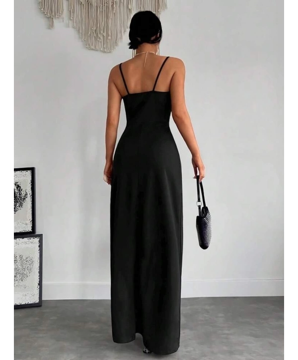 Kadın Askılı Kruvaze Yakalı Yırtmaçlı Krep Elbise