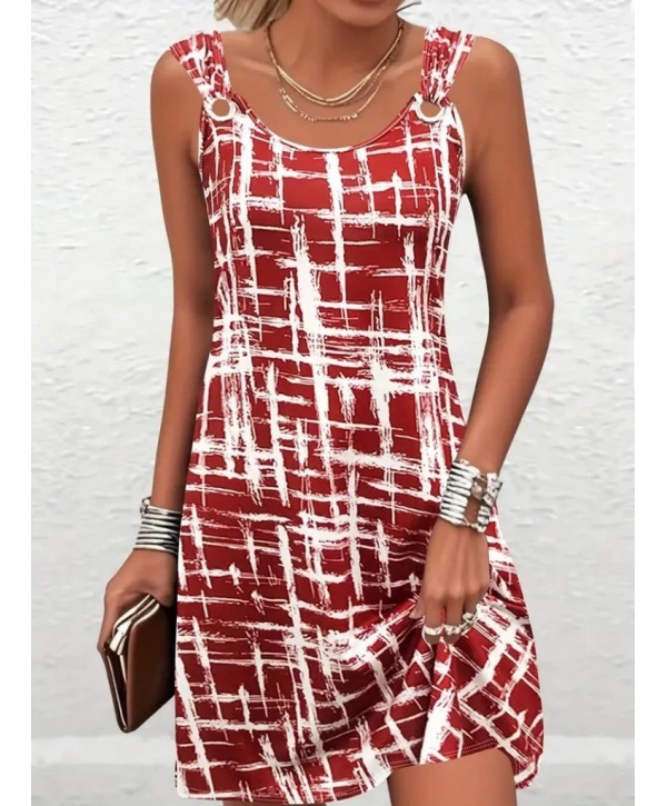 Kadın Askılı Kuş Gözü Detaylı Desenli Süprem Elbise