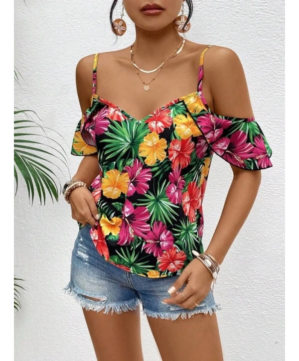 Kadın Askılı Omuzlardan Açık çiçek Baskılı Bluz
