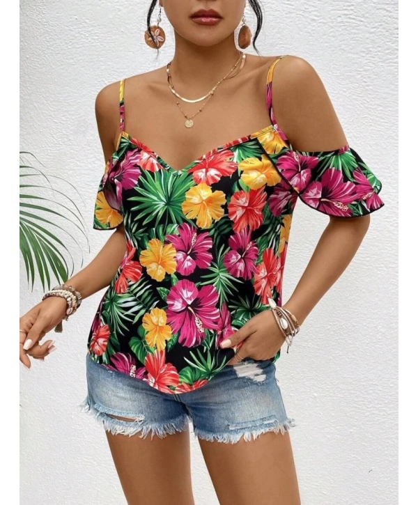 Kadın Askılı Omuzlardan Açık çiçek Baskılı Bluz