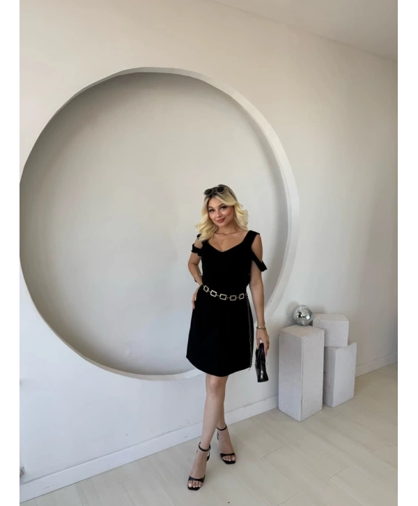 Kadın Askılı Soğuk Omuz Detaylı Modal Elbise