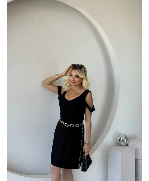 Kadın Askılı Soğuk Omuz Detaylı Modal Elbise