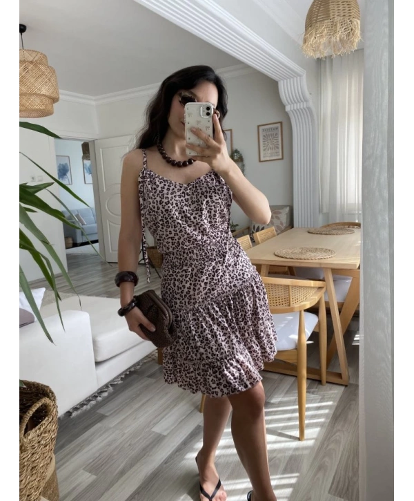 Kadın Askılı V Yaka Beli Pileli Leopar Desen Eteği Fırfırlı Süprem Elbise
