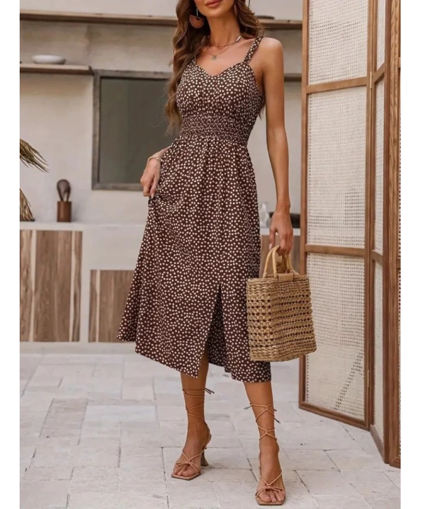Kadın Askılı V Yakalı Beli Lastikli Yırtmaçlı Süprem Midi Elbise