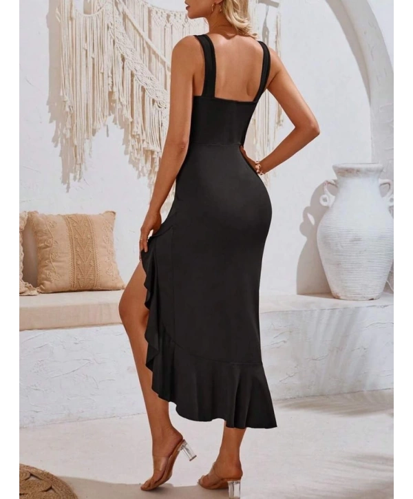 Kadın Askılı V Yakalı önden Fırfırlı Uzun Dalgıç Elbise