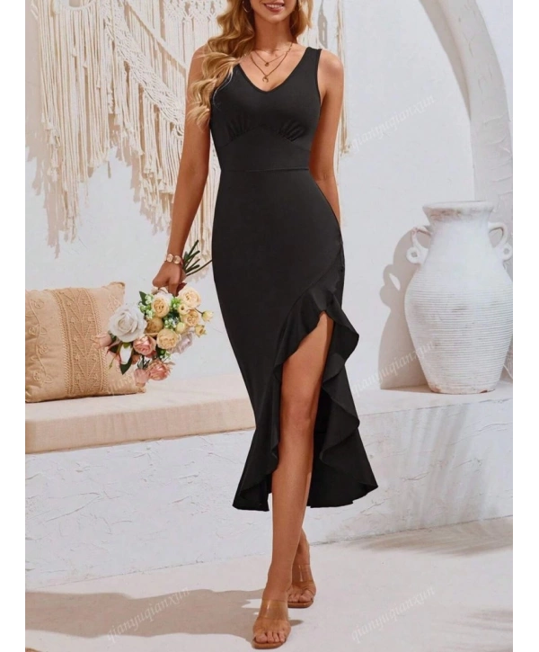Kadın Askılı V Yakalı önden Fırfırlı Uzun Dalgıç Elbise