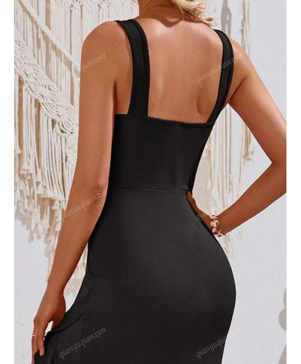 Kadın Askılı V Yakalı önden Fırfırlı Uzun Dalgıç Elbise