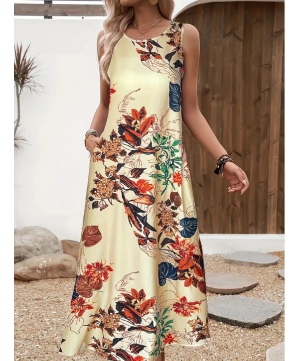 Kadın Askılı Yuvarlak Yaka Cepli Desenli Süprem Elbise