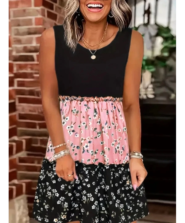 Kadın Askılı Yuvarlak Yaka çiçek Baskılı Salaş Süprem Elbise