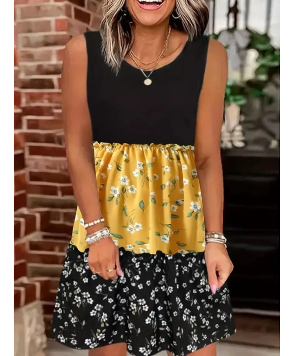 Kadın Askılı Yuvarlak Yaka çiçek Baskılı Salaş Süprem Elbise