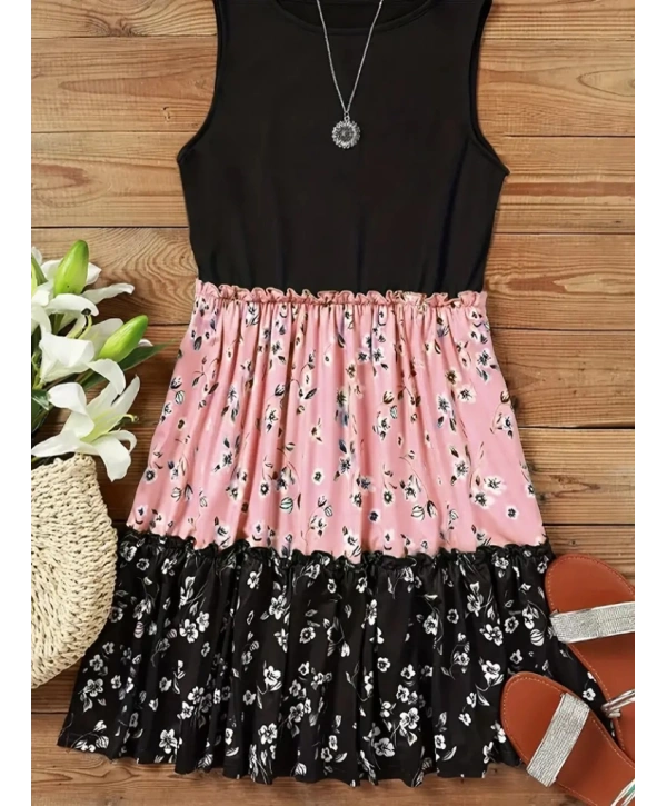 Kadın Askılı Yuvarlak Yaka çiçek Baskılı Salaş Süprem Elbise