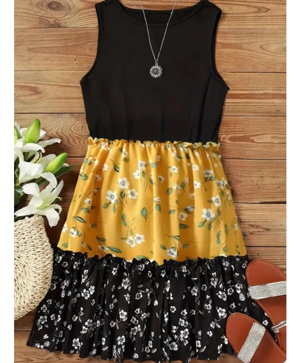 Kadın Askılı Yuvarlak Yaka çiçek Baskılı Salaş Süprem Elbise