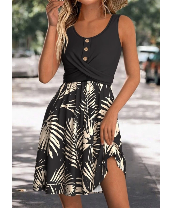 Kadın Askılı Yuvarlak Yaka Düğmeli üst Viskon Alt Desenli Süprem Elbise