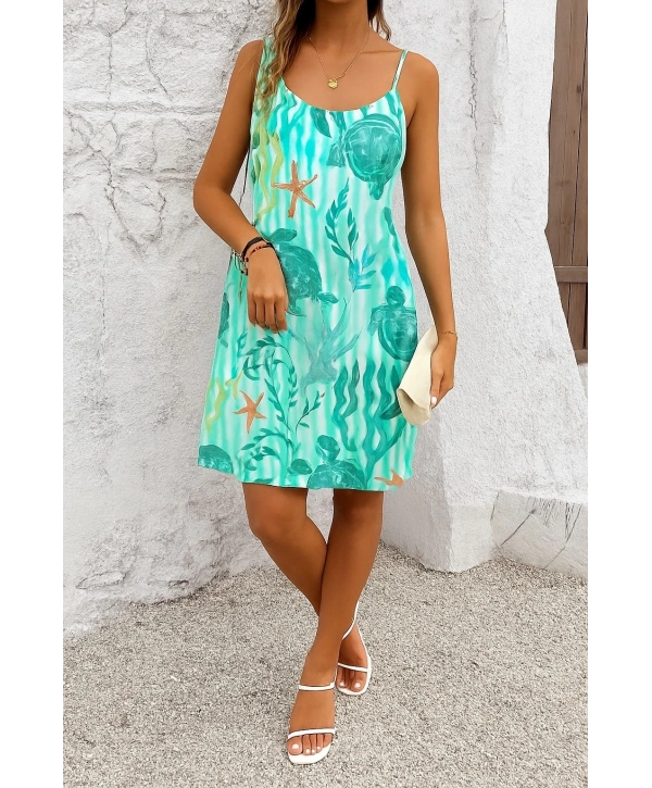 Kadın Askılı Yuvarlak Yaka Kaplumbağa Desenli Süprem Elbise