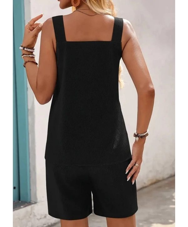 Kadın Askılı Yuvarlak Yaka Kuş Gözü Detaylı Bürümcük Bluz Ve Short Ikili Takım