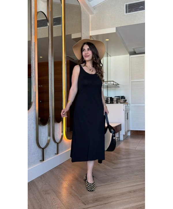 Kadın Askılı Yuvarlak Yakalı Viskon Elbise