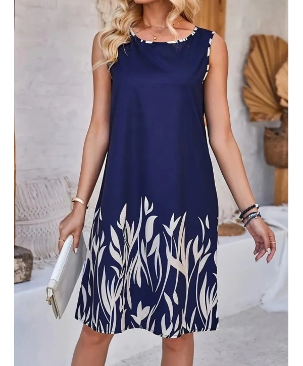 Kadın Askılı Yuvarlak Yakalı Yaprak Desenli Dalgıç Elbise