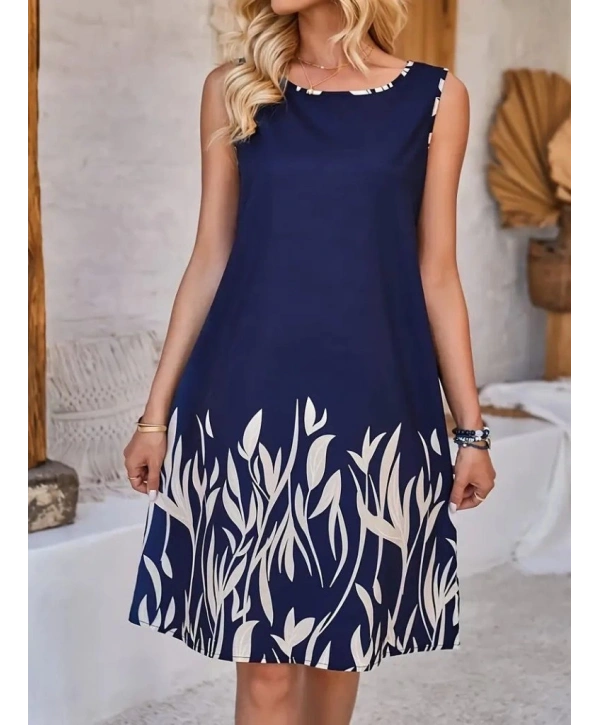 Kadın Askılı Yuvarlak Yakalı Yaprak Desenli Dalgıç Elbise