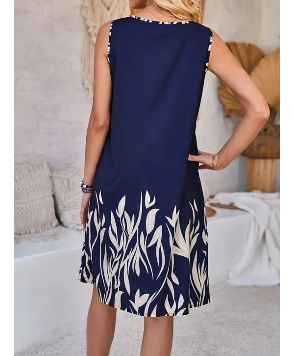 Kadın Askılı Yuvarlak Yakalı Yaprak Desenli Dalgıç Elbise