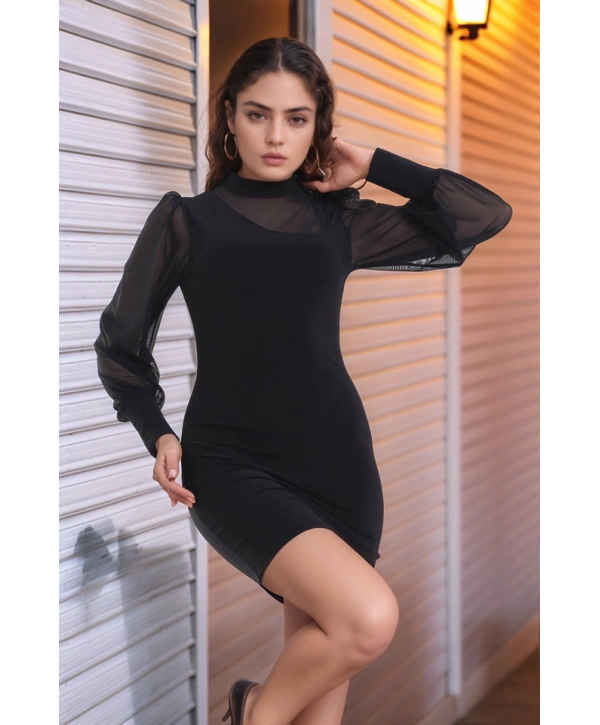 Kadın Balıkçı Yaka Transparan Detay Fırsat ürün Sandy Kumaş Mini Elbise