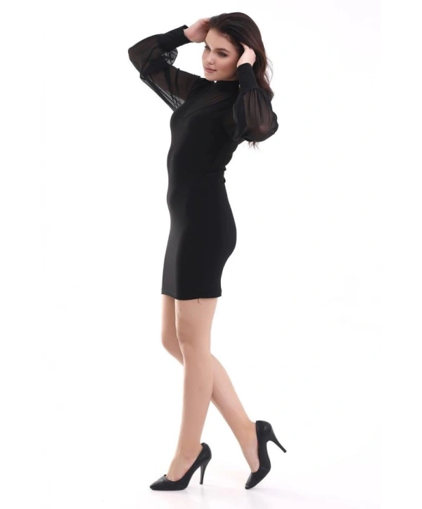 Kadın Balıkçı Yaka Transparan Detay Fırsat ürün Sandy Kumaş Mini Elbise