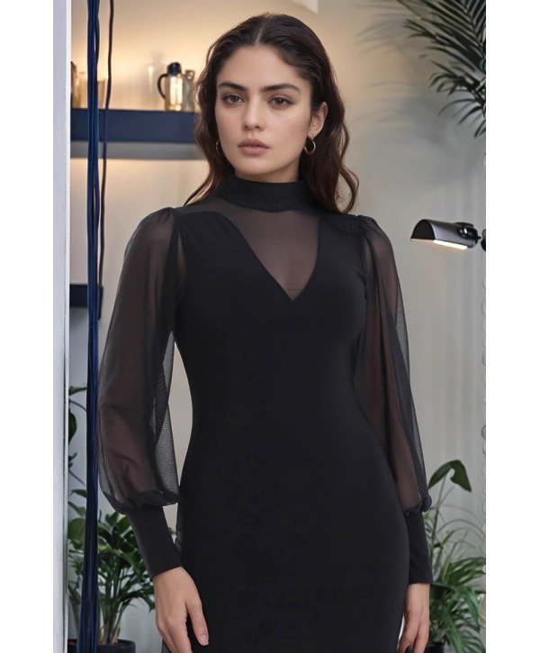 Kadın Balıkçı Yaka Transparan Detay Fırsat ürün Sandy Kumaş Mini Elbise