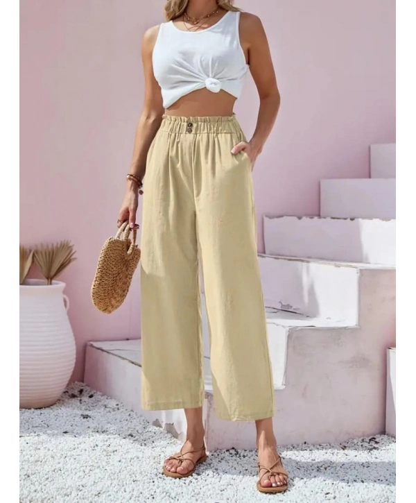 Kadın Bel Büzgü Ve Düğme Detay Kapri Keten Pantolon