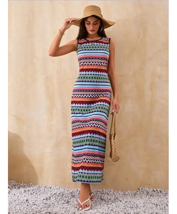 Kadın Bisiklet Yaka Cizgi Desen Süprem Elbise