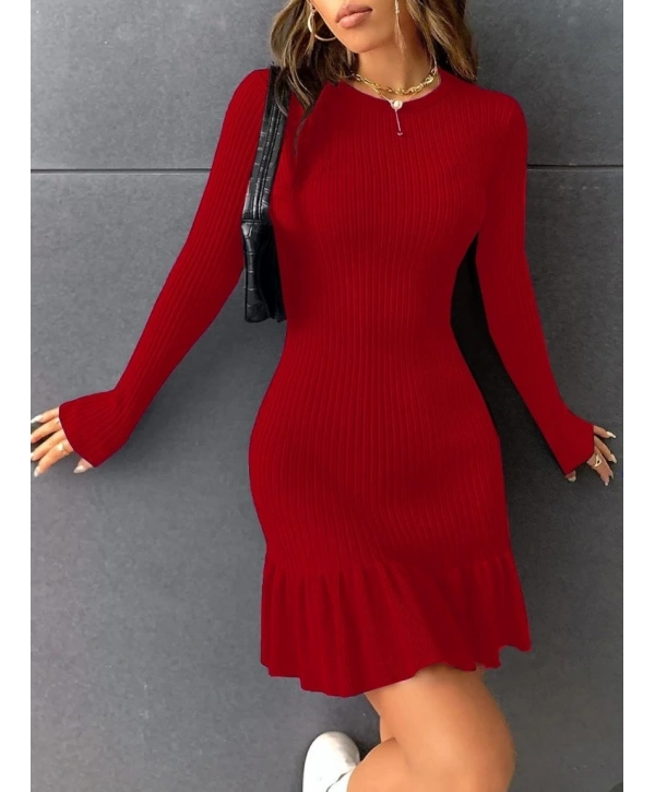 Kadın Bisiklet Yaka Uzun Kol Etek Ucu Fırfırlı Triko (polyenit) Mini Boy Elbise