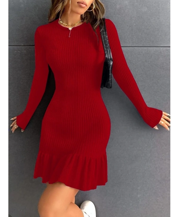 Kadın Bisiklet Yaka Uzun Kol Etek Ucu Fırfırlı Triko (polyenit) Mini Boy Elbise