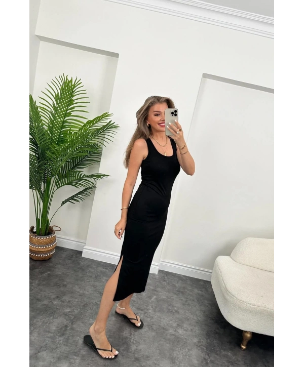 Kadın çift Yırtmaç Detaylı Sıfır Kol Midi Boy Elbise