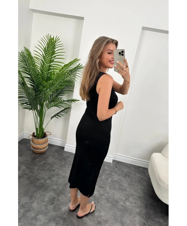 Kadın çift Yırtmaç Detaylı Sıfır Kol Midi Boy Elbise