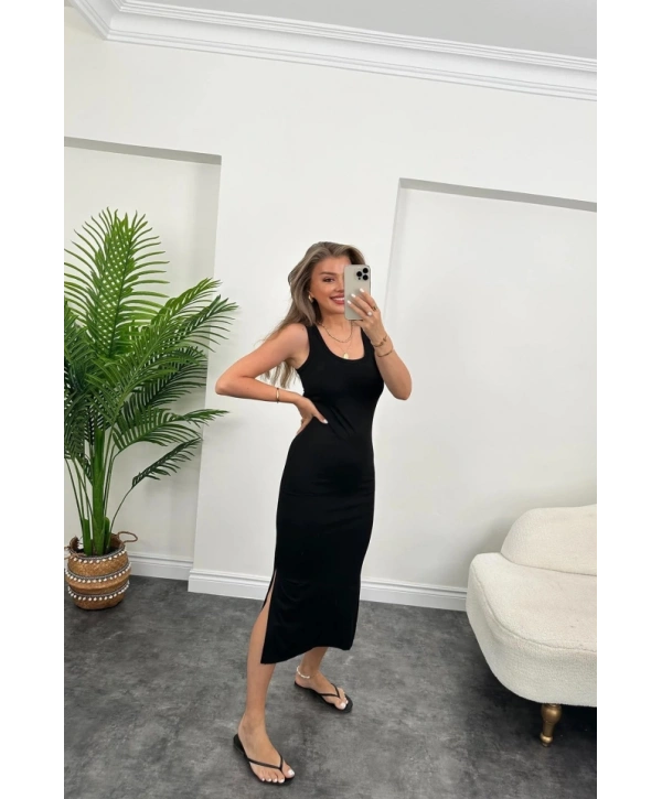 Kadın çift Yırtmaç Detaylı Sıfır Kol Midi Boy Elbise