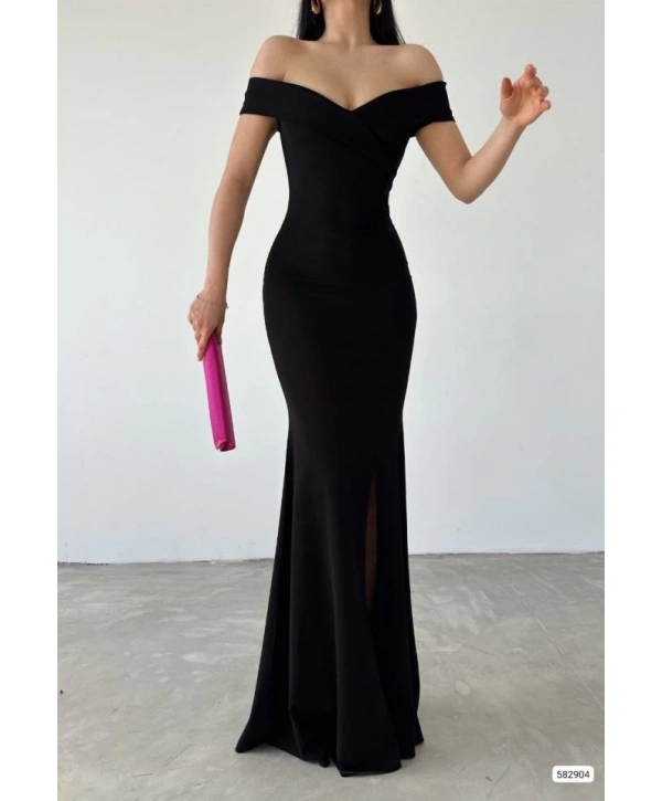 Kadın Dalgıç Kumaş Kayık Yaka Ve Dekolte Detaylı Elbise