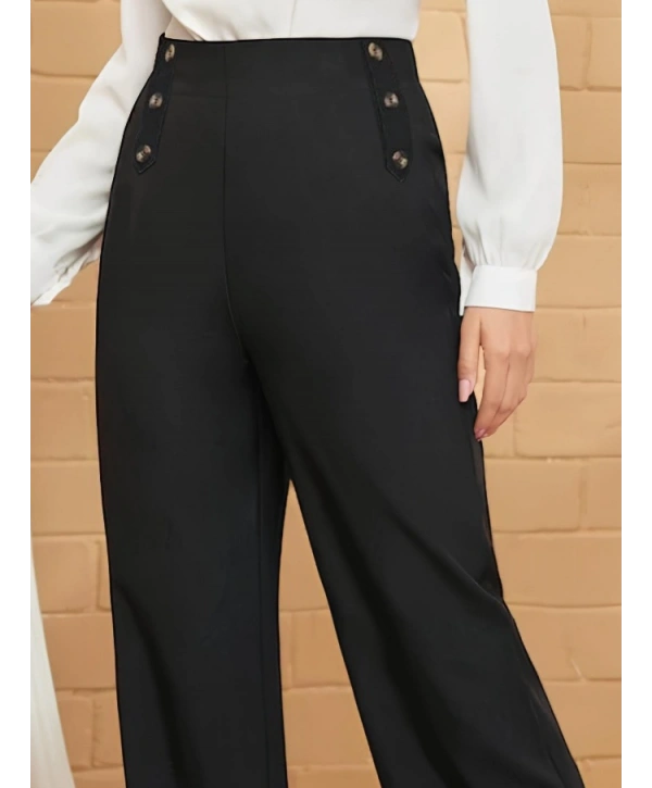 Kadın Düğme Detay Bol Paça Ithal Krep Pantolon