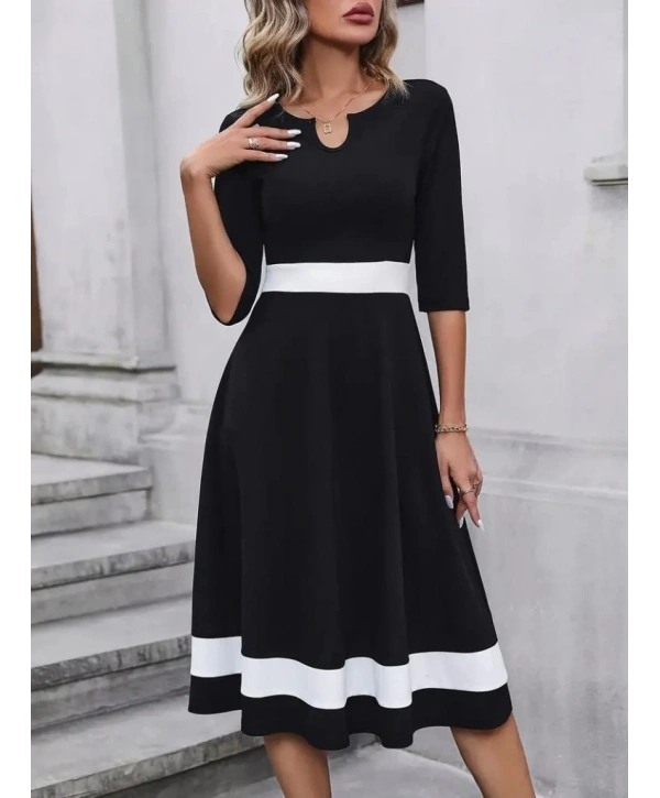 Kadın Truvakarkol Yakası Açık Blok Renkli Krep Midi Elbise