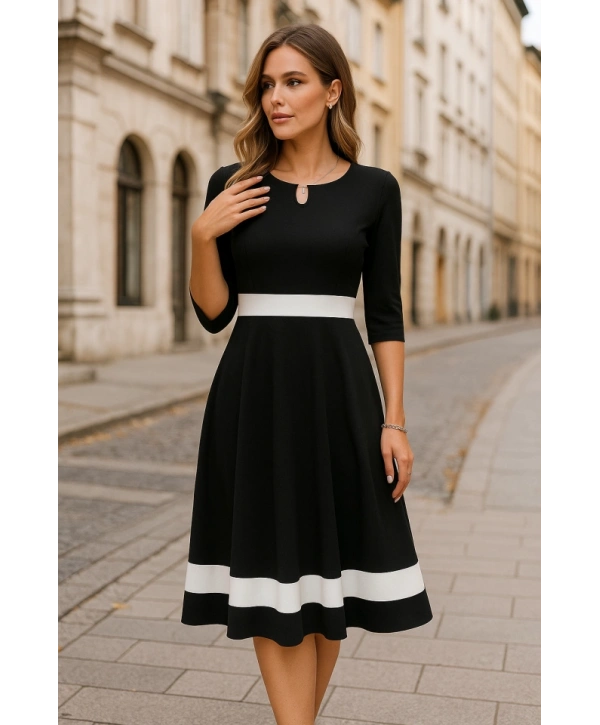 Kadın Truvakar Kol Yakası Açık Blok Renkli Krep Midi Elbise