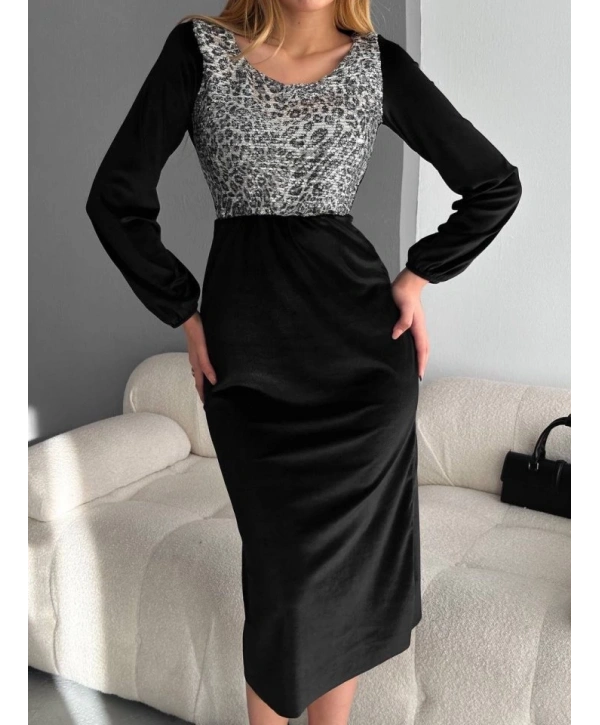 Kadın Fırsat ürünü Leopar Desen Pul Payet Işlemeli Midi Boy Kadife Kumaş Elbise