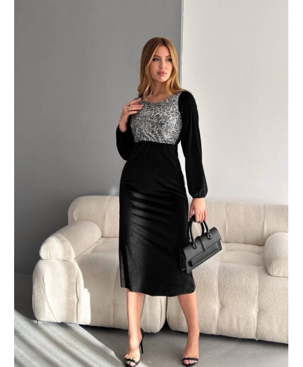 Kadın Fırsat ürünü Leopar Desen Pul Payet Işlemeli Midi Boy Kadife Kumaş Elbise