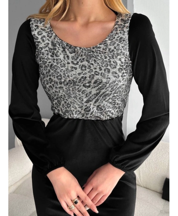 Kadın Fırsat ürünü Leopar Desen Pul Payet Işlemeli Midi Boy Kadife Kumaş Elbise