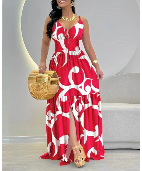 Kadın Ip Askılı Dekolteli Bağcıklı Yırtmaçlı Desenli Süprem Elbise