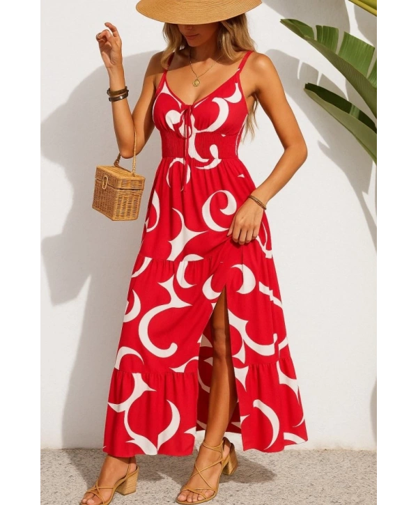 Kadın Ip Askılı Dekolteli Bağcıklı Yırtmaçlı Desenli Süprem Elbise