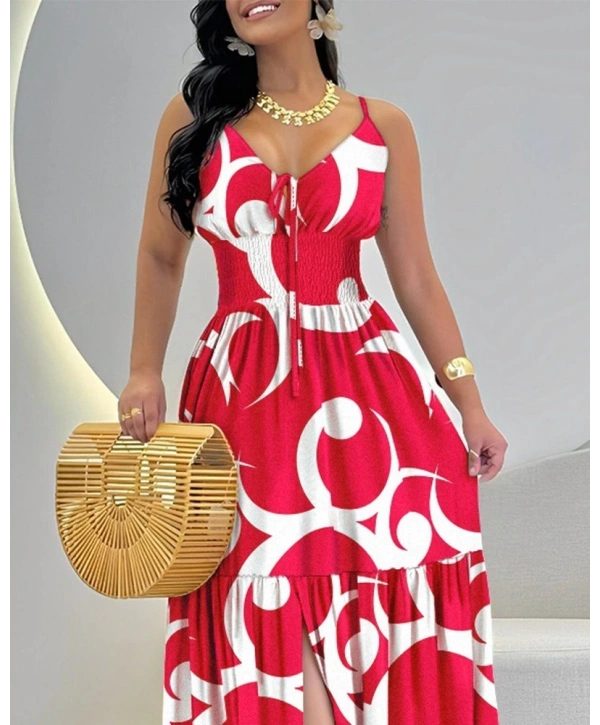 Kadın Ip Askılı Dekolteli Bağcıklı Yırtmaçlı Desenli Süprem Elbise