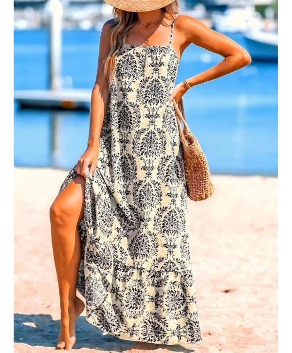 Kadın Ip Askılı Desenli Fırfırlı Süprem Elbise