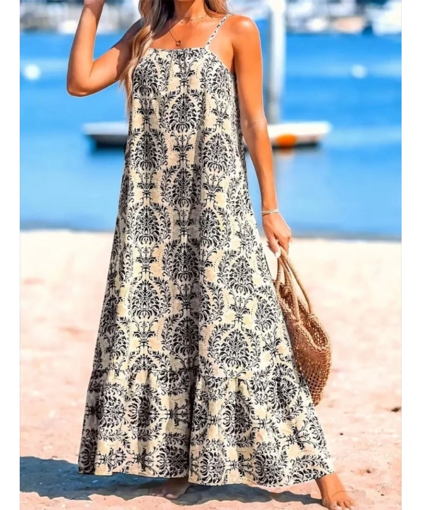 Kadın Ip Askılı Desenli Fırfırlı Süprem Elbise