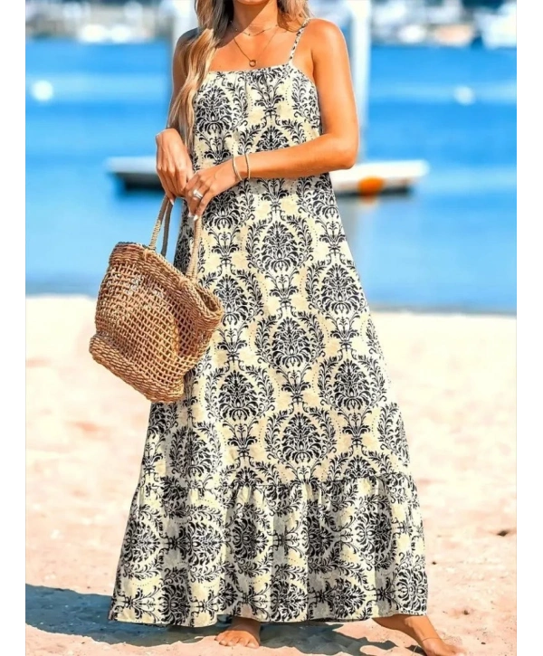 Kadın Ip Askılı Desenli Fırfırlı Süprem Elbise