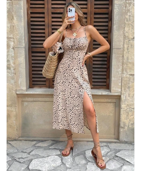 Kadın Ip Askılı Desenli Yırtmaçlı Süprem Midi Elbise