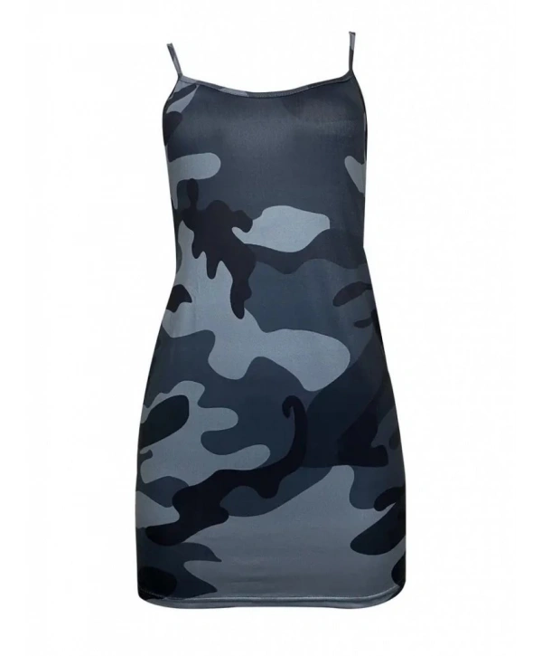 Kadın Ip Askılı Kamuflaj Baskılı Viskon Elbise