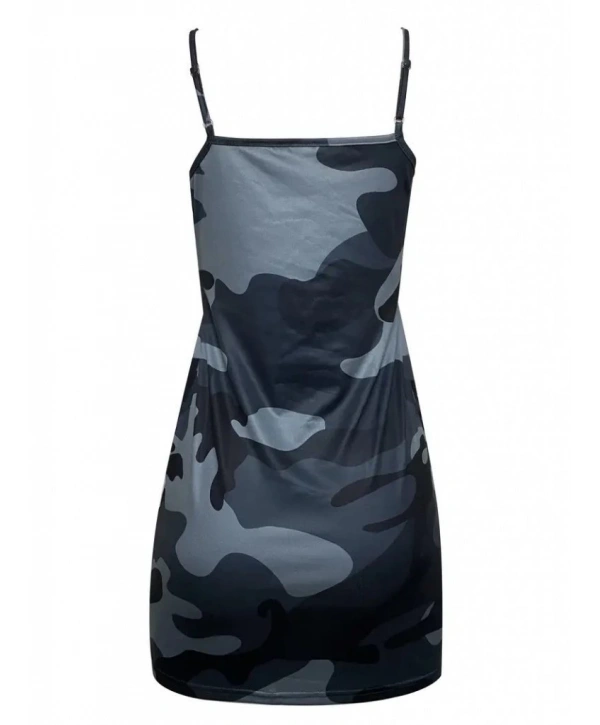 Kadın Ip Askılı Kamuflaj Baskılı Viskon Elbise